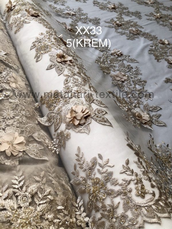 EMBROIDERY TULLE W/ BEADS + APPLIQUE 3D-XX33(CREAM)